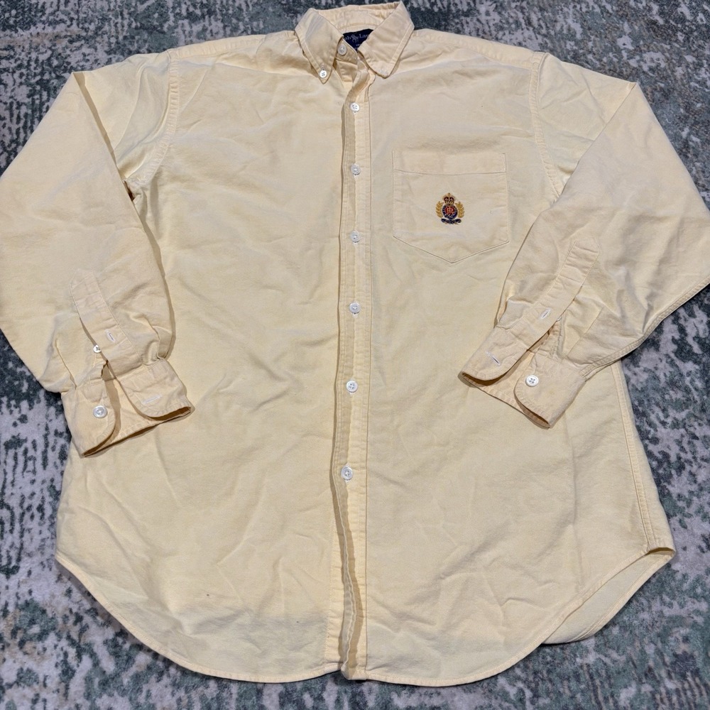 Vintage Ralph Lauren Crest Button Down Shirt Yellow Size 10 90s Embroidered